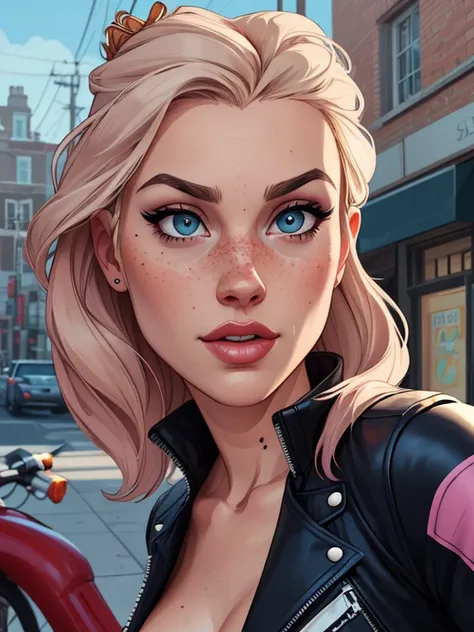 Beautiful GTA style portrait mode pose Cartoon character in dynamic pose two women in biker outfits together with freckles on their faces Disney princess Queen Anna of Arendelle with 1,60cm on the left and along with a symmetrical body and beautiful breast...