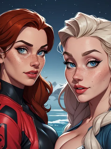 Beautiful GTA style portrait mode pose Cartoon character in dynamic pose two women in biker outfits together with freckles on their faces Disney princess Queen Anna of Arendelle with 1,60cm on the left and along with a symmetrical body and beautiful breast...