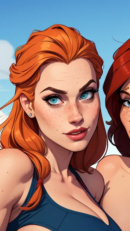 Beautiful GTa style pose in portrait mode Cartoon character in dynamic pose two women together with freckles on their faces Disney princess Queen Anna of Arendelle with 1,60cm on the left and along with a symmetrical body and beautiful breasts, corpo bem d...