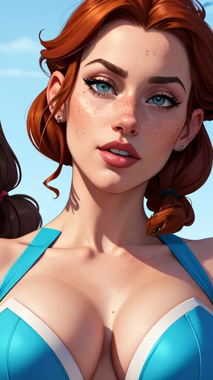 Beautiful GTa style pose in portrait mode Cartoon character in dynamic pose two women together with freckles on their faces Disney princess Queen Anna of Arendelle with 1,60cm on the left and along with a symmetrical body and beautiful breasts, corpo bem d...