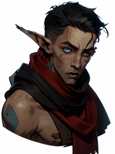 concept art, human male young ager , pointer elf ears,face tattoo , blue pupils  ,black hair , red torn scarf , bandage , bones ...