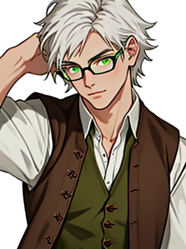 Human Male, white hair  , (( best quality))  , wearing Glasses  , Green pupils, medieval Clothing ,brown vest , 