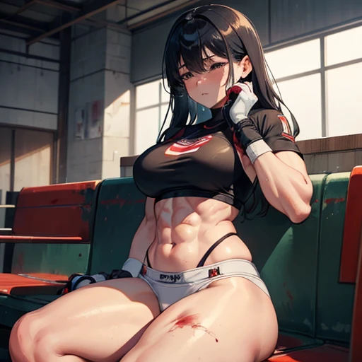 Thick thighs and armuscular。Six Pack Abs。Super big 。Covered in blood、A beautiful, wounded and battered heavyweight female high school mixed martial artist。After losing a match、Sitting in the waiting room、Close your eyes、Cover your face with your hands、Shoc...