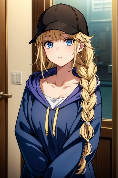 a cartoon girl with a hobo hat in hand, next to a doorway, 1girl, solo, earrings, jewelry, baseball cap, blue eyes, blonde hair, hat, braid, hood, looking at viewer, hoop earrings, collarbone, closed mouth, bangs, upper body, long sleeves, hoodie