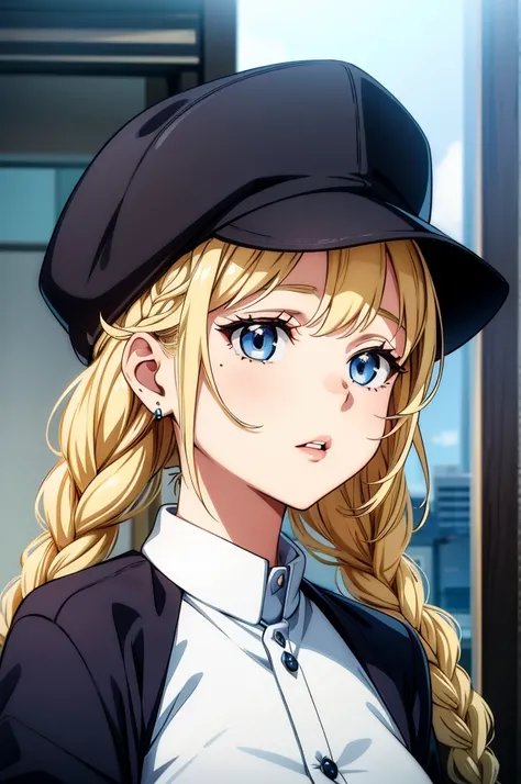 a girl with blond hair and a hat has anime eyes on her face, 1girl, jewelry, solo, hat, earrings, blonde hair, baseball cap, blue eyes, hood, braid, twin braids, looking at viewer, parted lips, mole, bangs, upper body, jacket