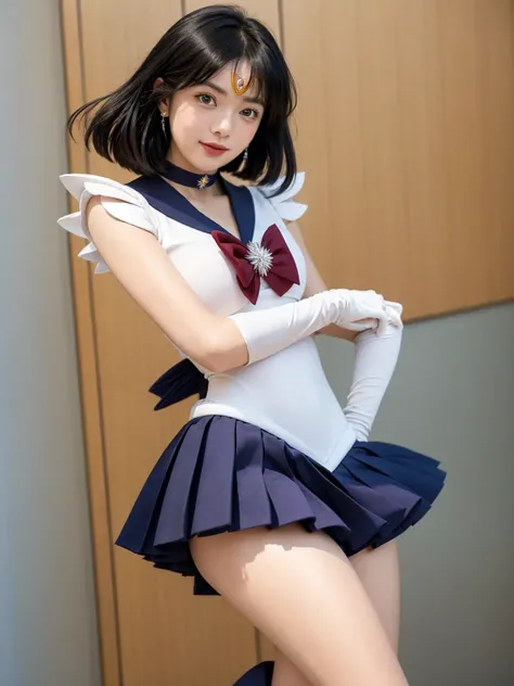 (masterpiece, best quality:1.2), alone, 1 woman, sailor saturn, Magic Girl, laugh, closed mouth, looking at viewer, put hands on hips, tiara, Sailor Senshi Uniform, pleated skirt, elbow gloves, bijouterie, brooch, choker