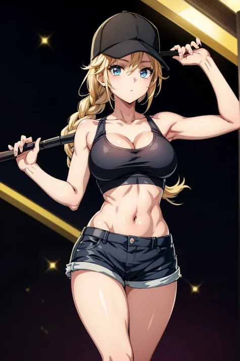 a beautiful anime figure next to a black background holding something in her right free hand, 1girl, breasts, solo, blonde hair, blue eyes, hat, navel, braid, shorts, baseball cap, cleavage, black headwear, pantyhose, sports bra, looking at viewer, collarb...