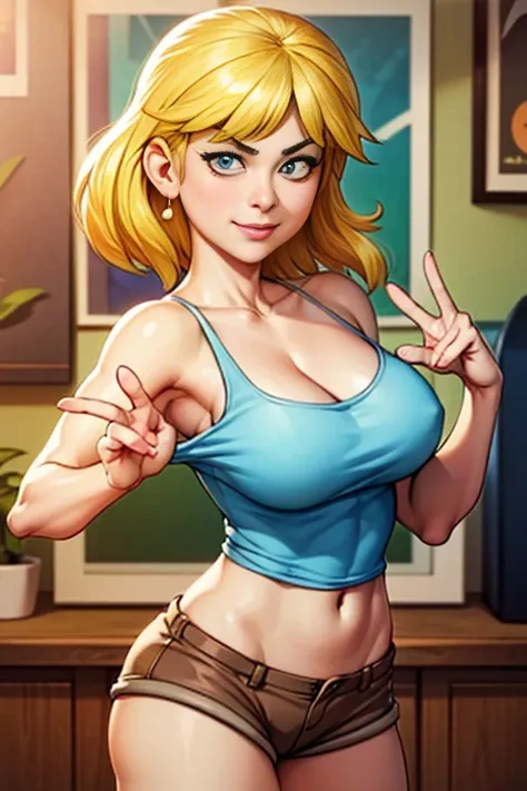 ""loriloud - blue tank top, brown shorts, posing for playboy magazine" Masterpiece, sexy cartonn, beautiful cartoon, insanely detailed and intricate, High quality, ray tracing, high coherence, deep focused image, realistic full-length photo, anatomically c...