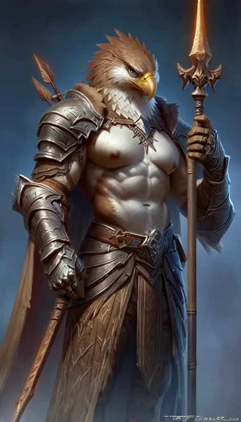 anthro male eagle knight holding a spear over his shoulder, solo, cocky expression, masterpiece, best art, full body, by taran f...