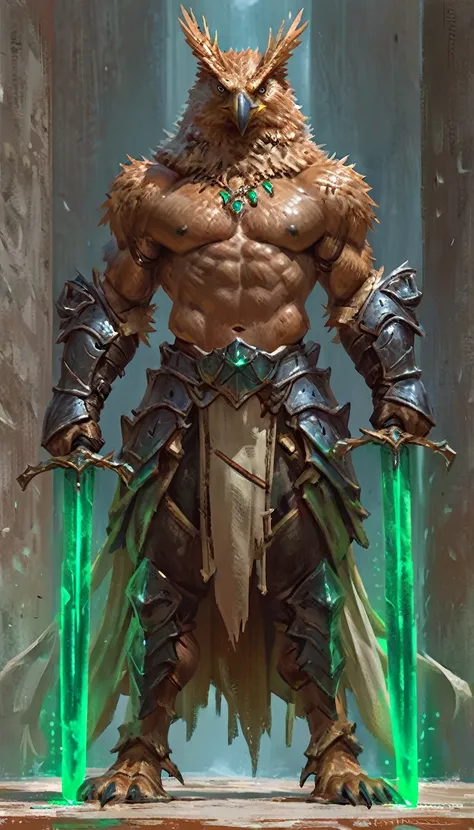 Anthro male eagle knight holding dual sword, solo, cocky expression, masterpiece, best art, full body, by taran fiddler, detailed eyes, detailed body, claws, tall, topless, pecs, abs, nipples, pauldrons, 