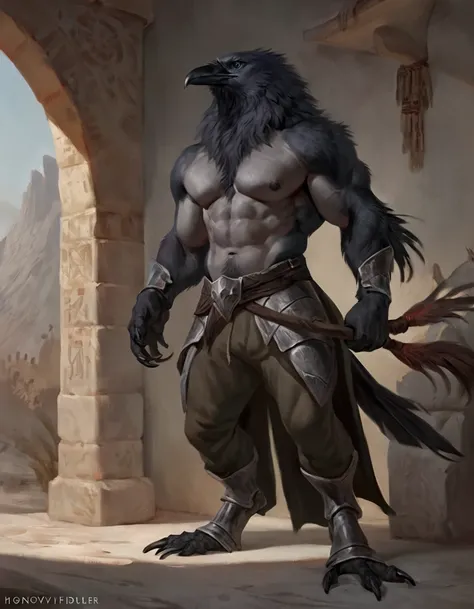 Crow, solo, male, [[masculine pose]], knight, pants, masterpiece, best art, full body, by laobai, by taran fiddler, by honovy, detailed eyes, detailed body, claws, masculine body shape, tall, topless, pecs, abs, nipples, pauldrons