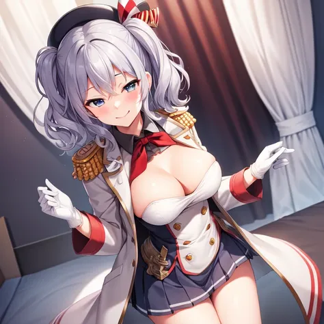 (masterpiece, best quality:1.2),Smirk,One hand touched his chest,illustration,8k,HD,1 Girl,Solitary,portrait,blush,Gray hair,blue eyes,curls,Double tail,Crane plum,Berets,Epaulettes,Ruffled sleeves,jacket,Large Breasts,Long sleeve,,mini skirt,Pleated Skirt...