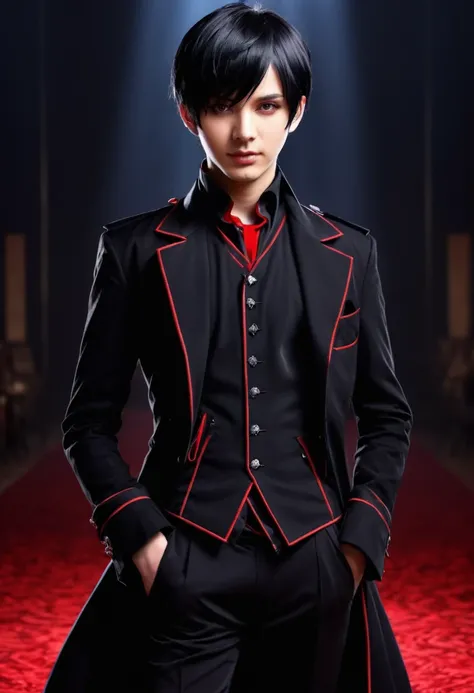 A young magician with short black hair in black clothes with red details anime style hd