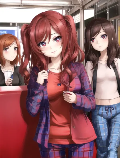 ,nishikino maki, olhos roxos, cabelo vermelho, batom,blusa vermelha, ((tight pajama pants)),copos, pulseira, arte realista, tiro...