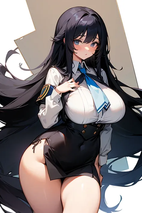 School class scenario, an Italian girl with very long black hair, gigantic breasts, thin, girl, the girl is wearing a blouse and a miniskirt with lapels