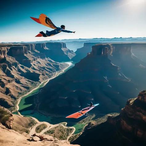 human using Gliding wings, speed descent, canyon, strong wind, best quality, masterpiece, very aesthetic, perfect composition, intricate details, ultra-detailed