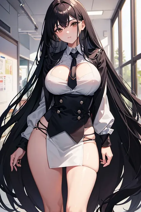 School class scenario, an Italian girl with very long black hair, gigantic breasts, thin, girl, the girl is wearing a blouse and a miniskirt with lapels