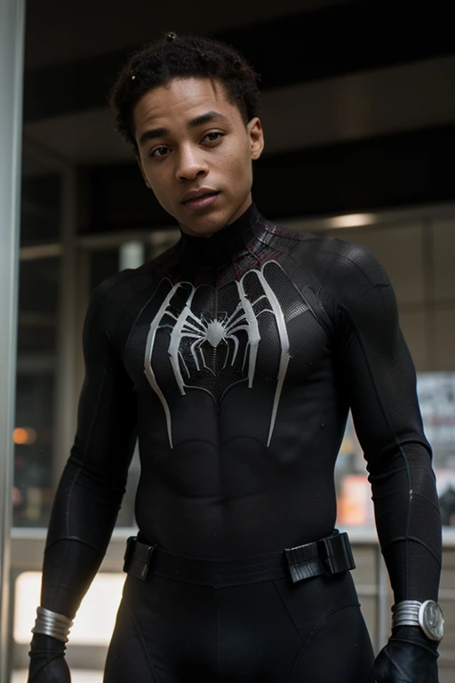 ((melhor qualidade)), ((1:1)), ((homem-aranha)), ((negro))((miles morales)), ((ator Jaden Smith)), ((Marvel e DC)),(detalhado), (rosto perfeito), (pose frontal), rosto realista, rosto detalhado, negro, uniforme do homem aranha, roupa do homem aranha, adole...