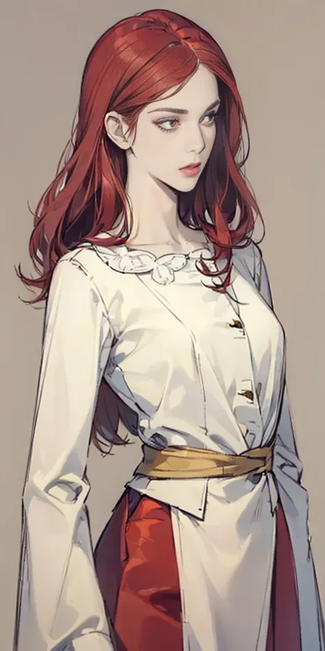 ((plain background 1:2)) beautiful tall lady with red hair and yellow eyes super realistic and well designed suit outfit