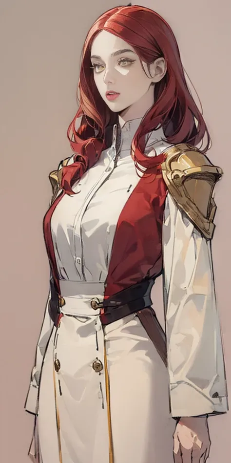 ((plain background 1:2)) beautiful tall lady with red hair and yellow eyes super realistic and well designed suit outfit