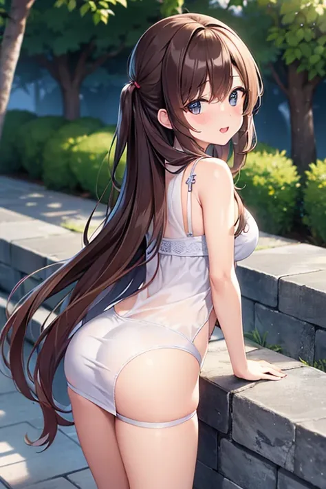 a girl in hot clothes with long brown hair she blushing hard and her tongue is out she in a hot pose (from back) (full body)
