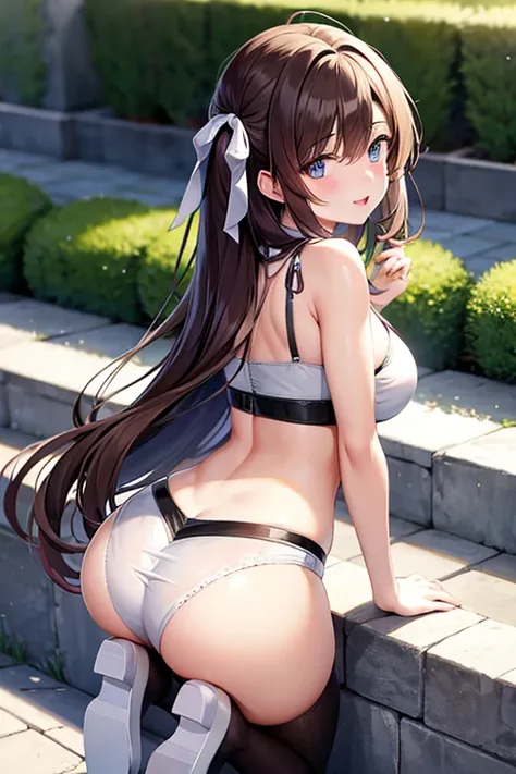 a girl in hot clothes with long brown hair she blushing hard and her tongue is out she in a hot pose (from back) (full body)
