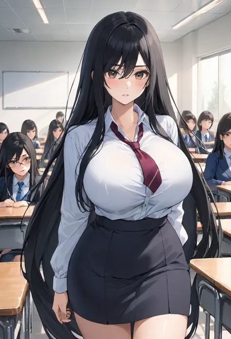 school class scenario, an italian girl with very long black hair, gigantic breasts, thin, girl, the girl is wearing a blouse and...