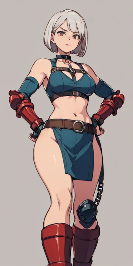 ((Plain background 1:2)) (Cammy White Street Fighter 6) (white silver short bob haircut) Female full body standing straight symmetrical looking to the viewer RED full body armored (handcuffs, shackles, rerebrace, faulds, poleyn, gauntlets, leather collar c...