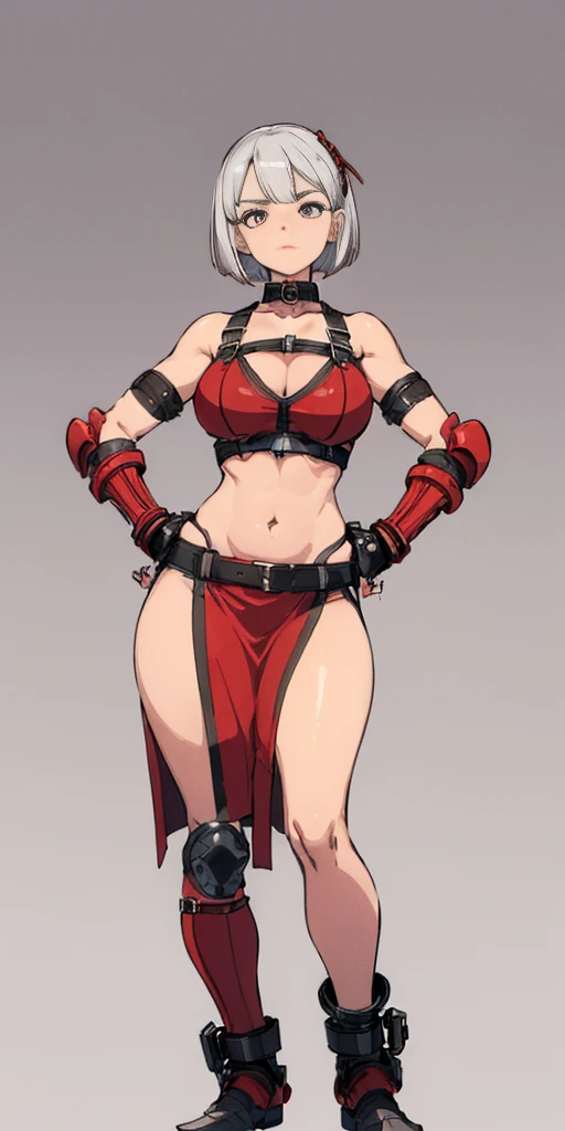 ((Plain background 1:2)) (Cammy White Street Fighter 6) (white silver short bob haircut) Female full body standing straight symmetrical looking to the viewer RED full body armored (handcuffs, shackles, rerebrace, faulds, poleyn, gauntlets, leather collar c...