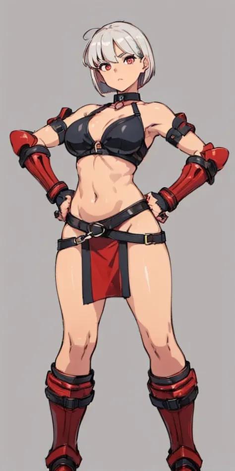 ((Plain background 1:2)) (Cammy White Street Fighter 6) (white silver short bob haircut) Female full body standing straight symmetrical looking to the viewer RED full body armored (handcuffs, shackles, rerebrace, faulds, poleyn, gauntlets, leather collar c...