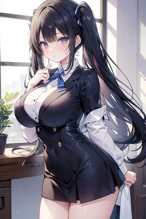 school class scenario, an italian girl with very long black hair, gigantic breasts, thin, girl, the girl is wearing a blouse and...