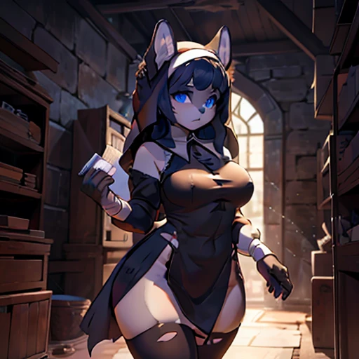 ((female)) , huge wide hips, wearing torn nun clothing   , black shadow  body ,  bandage , big animal ears, haircut ,dark blue ,...