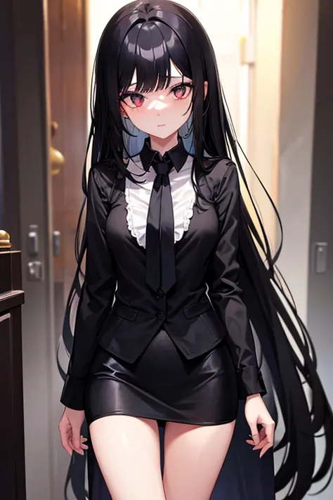 Fantasy underground scenario, an Italian girl with very long black hair, thin, girl, the girl wears a blouse and a miniskirt with lapels