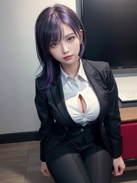 Beautiful woman, 25 years old, high ponytail, bright purple hair (like bright silver), perfect purple hair, Beautiful breasts, (Realistic skin),elegant upper class wearing a black pantsuit, black jacket, white shirt, cleavage visible, black pumps, and a bu...