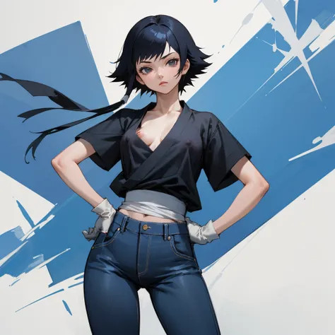 ((highest quality)), ((masterpiece)), (Familiar),  BLEACH,Soi Fon, 1 girl, alone,  Erect nipples, Black Hair,Slanted Eyes, Black clothes,Black Shirt,jeans, thin,thin,short hair with long locks, short hair, Small breasts, gloves, Hands on hips