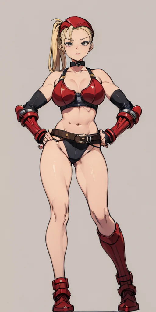 ((Plain background 1:2)) (Cammy White Street Fighter 6) Female full body standing straight symmetrical looking to the viewer RED full body armored (handcuffs, shackles, rerebrace, faulds, poleyn, gauntlets, leather collar choker) big belt under belly butto...