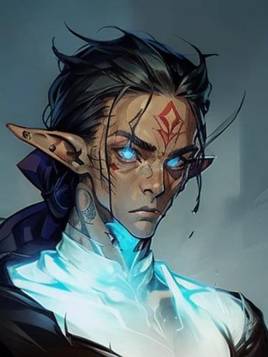 Concept ART, Human Male Young ager , pointer Elf ears,face Tattoo , blue pupils  ,Black hair , red Torn Scarf , Bandage ,Ancient dark magic , 