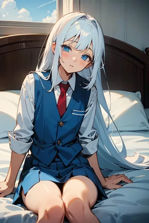 a 19 years old anime girl with long shiver white hair and blue eyes wearing a white collared shirt with sky blue vest and a red tie sitting on the bed and look at you with cute sleepy eyes while holding your hand