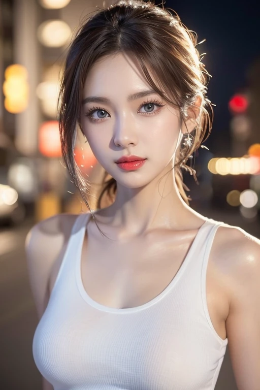 urban beautiful girl college student, masterpiece, light makeup, red lips, silver hair, messy long hair, street background, beau...