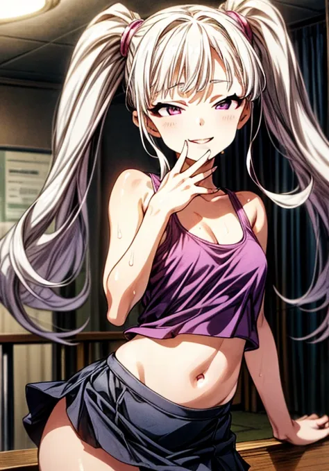 highest quality、hypnotism、Perfect Fingers、Two Girls、Sisters,mesugaki, Purple Eyes、Teen、Band sign、indoor、Twin tails、belly button、Tank top、Provocative smile、Wet lips、No bra、mini skirt、Perfect Makeup、Put your hand to your mouth