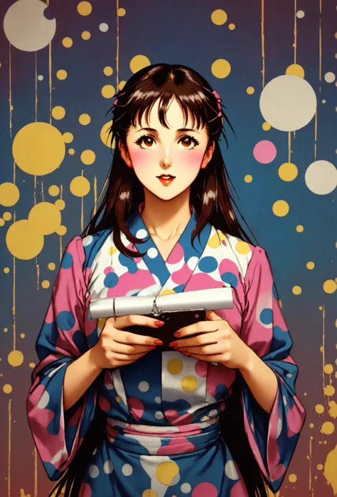 masterpiece, highest quality, sfw, colorful, 1girl, solo, hakurei reimu, brown hair, brown eyes, long hair, hair tubes, small breasts, abstract background, blue background, pink background, yellow background, polka dot background, (halftone)