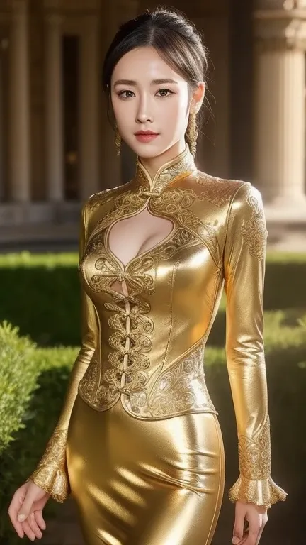 metallic gold spandex cheongsam, delicate face、detailed eyes and face、with the backdrop of a complex french palace including gar...