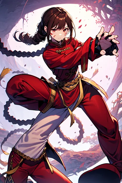 lei kugo live a live, qipao, chinese clothes, traditional clothes, action pose, full body, brown hair, braided hair, scars on fa...