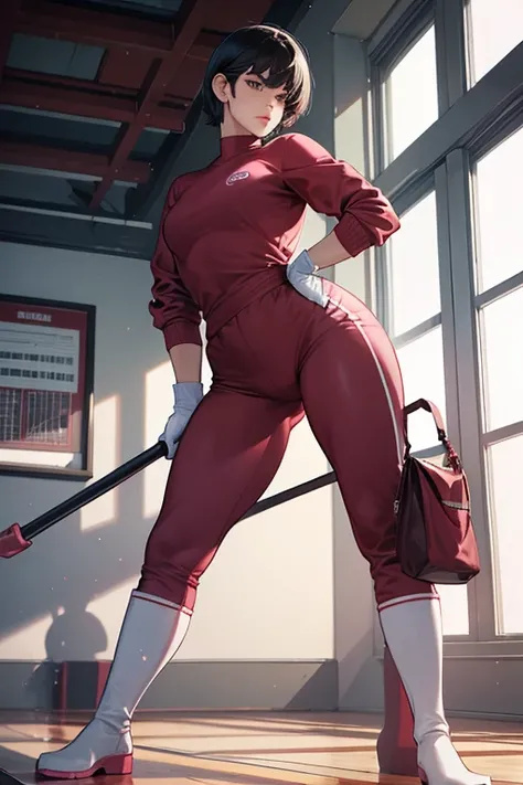 A muscular, short-haired, black-haired mature woman wearing a red long-sleeved, long-pants gym uniform, pink rubber gloves and white rubber boots cleaning the school premises