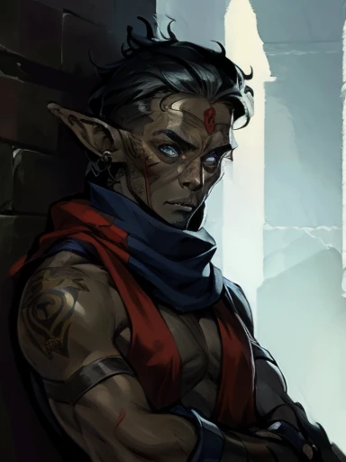 Concept ART,((  Male Young ager)) , pointer Elf ears,face Tattoo , blue pupils  ,Black hair , red Torn Scarf , Bandage ,Ancient dark magic , 