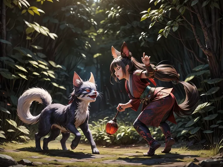 A yokai battle scene comes to life with (best quality, realistic:1.37) vivid colors, highres details, and ultra-detailed creatures. The medium used in this artwork is a combination of traditional Japanese ink painting and digital rendering. The scene is se...