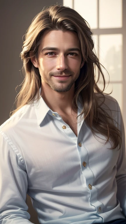 (best quality,4k,8k,highres,masterpiece:1.2),ultra-detailed,(realistic,photorealistic,photo-realistic:1.37), A man,buttoned shirt,clothes,white long hair,Kind smile,soft ethereal lighting,vivid colors,subtle pastel palette,portrait style,serene atmosphere