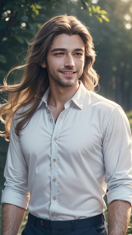 (best quality,4k,8k,highres,masterpiece:1.2),ultra-detailed,(realistic,photorealistic,photo-realistic:1.37), A man,buttoned shirt,clothes,white long hair,Kind smile,soft ethereal lighting,vivid colors,subtle pastel palette,portrait style,serene atmosphere