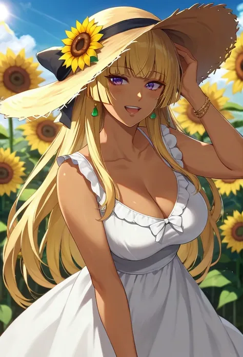 score_9,  score_8_up, score_7_up, 1girl, (nyotengu), solo, dark-skinned female, blonde hair, dark skin, jewelry, earrings, long hair, hat, solo, flower, dress, sunflower, outdoors, white dress, smile, long hair, looking at viewer, sky, bangs, breasts, open...