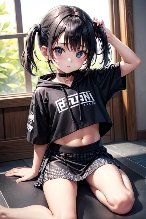 wariza，(child)，（​masterpiece，Highest Quality），Crop Top Look，Short sleeve hoodie，(Black mini skirt with gingham check)，A dark-haired